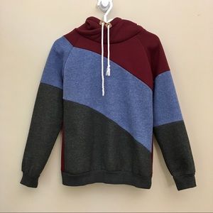 FASHION Fleece Lined Red Blue Gray Colourblock Hoodie Sweatshirt